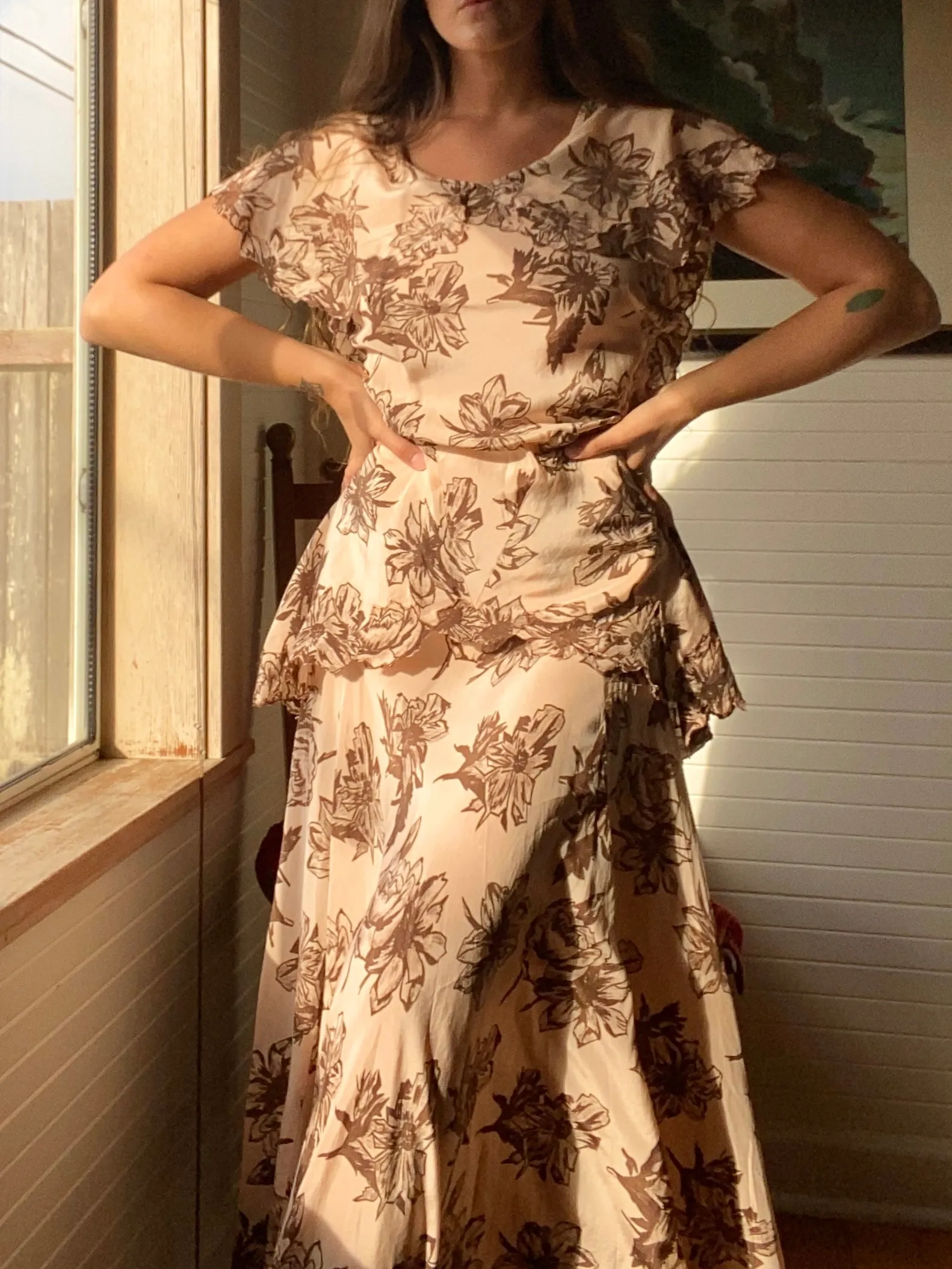 1930s Autumnal Tiered Silk Dress