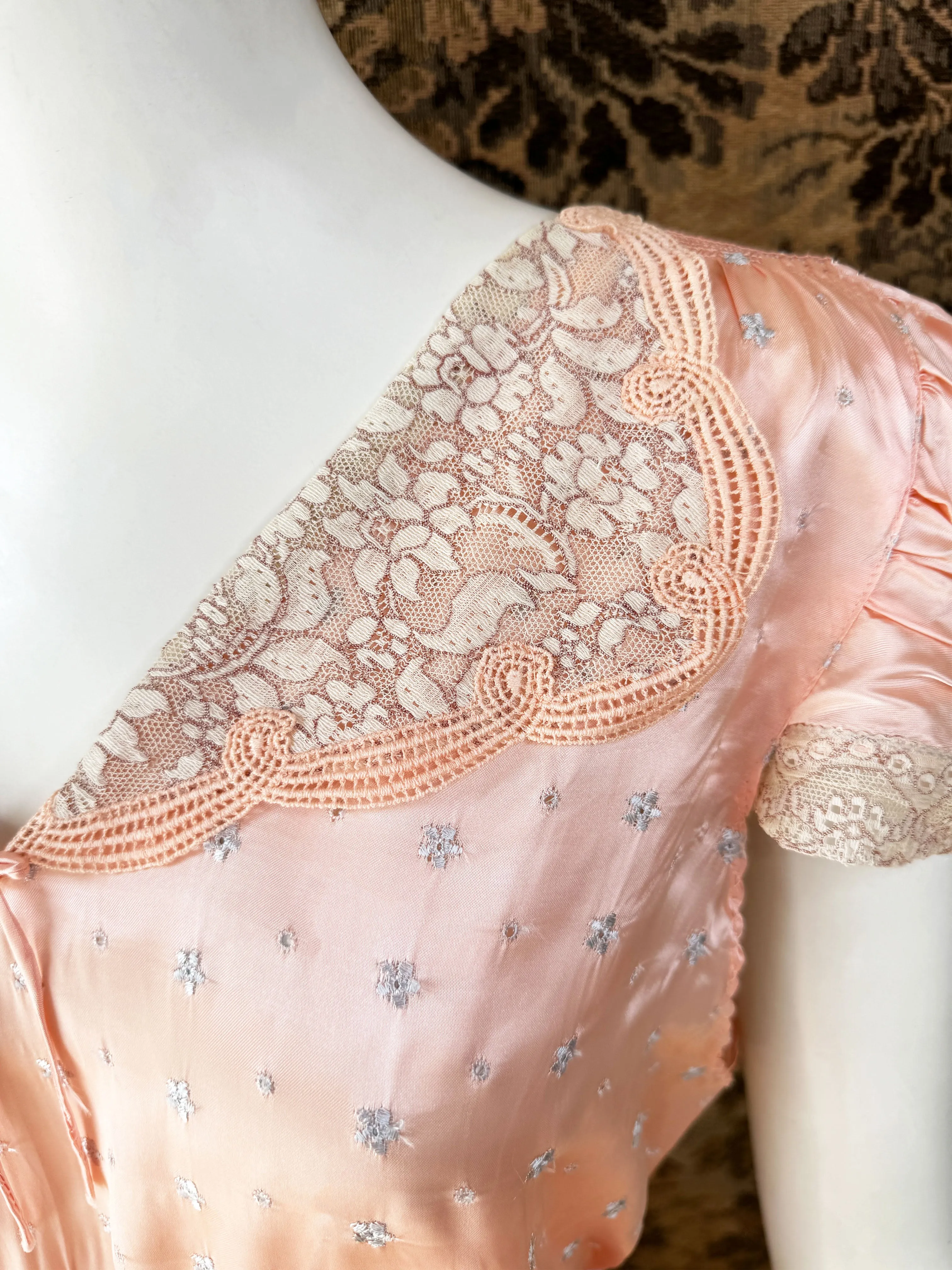 1930s Embroidered Satin Slip Dress