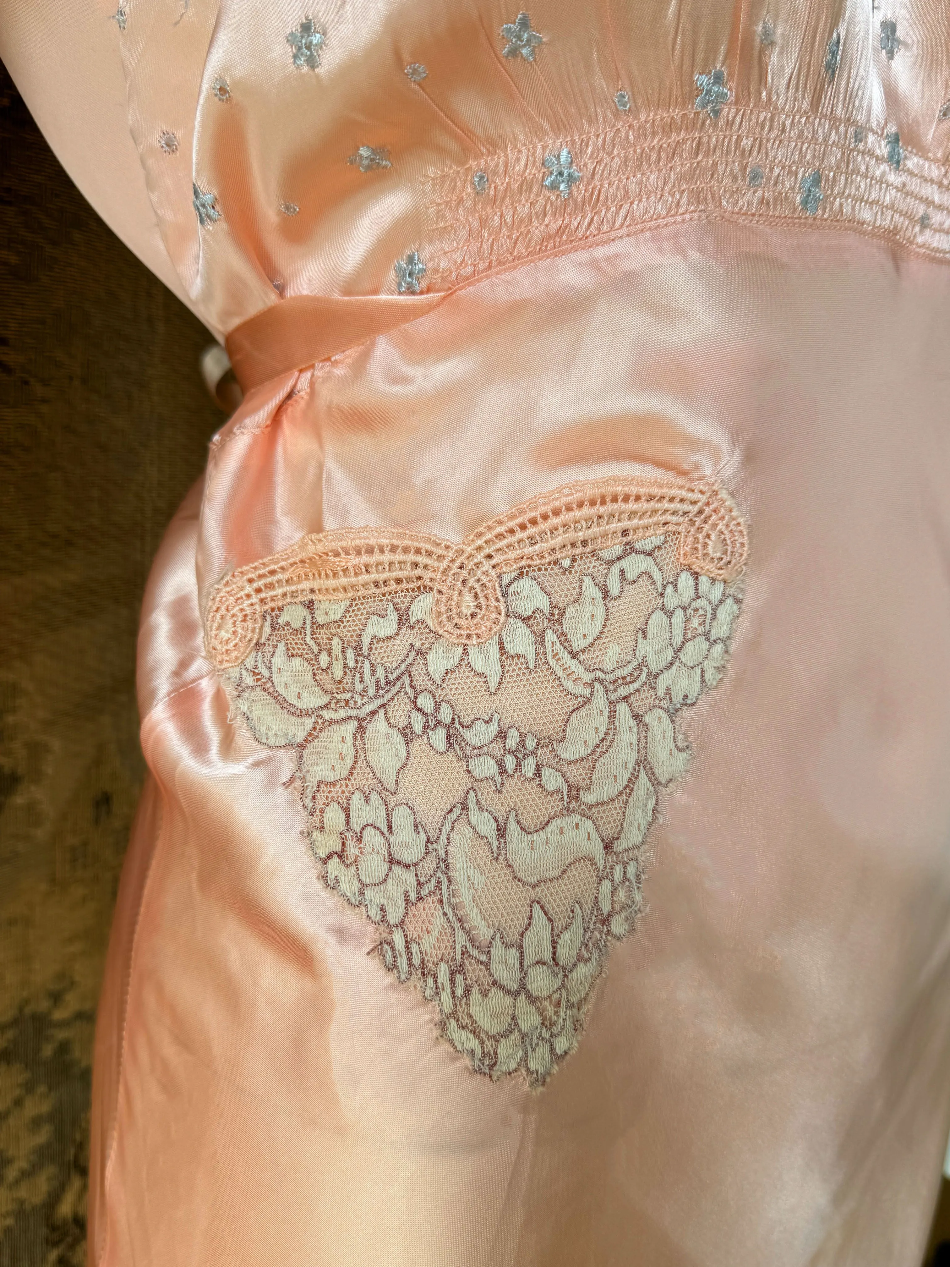 1930s Embroidered Satin Slip Dress