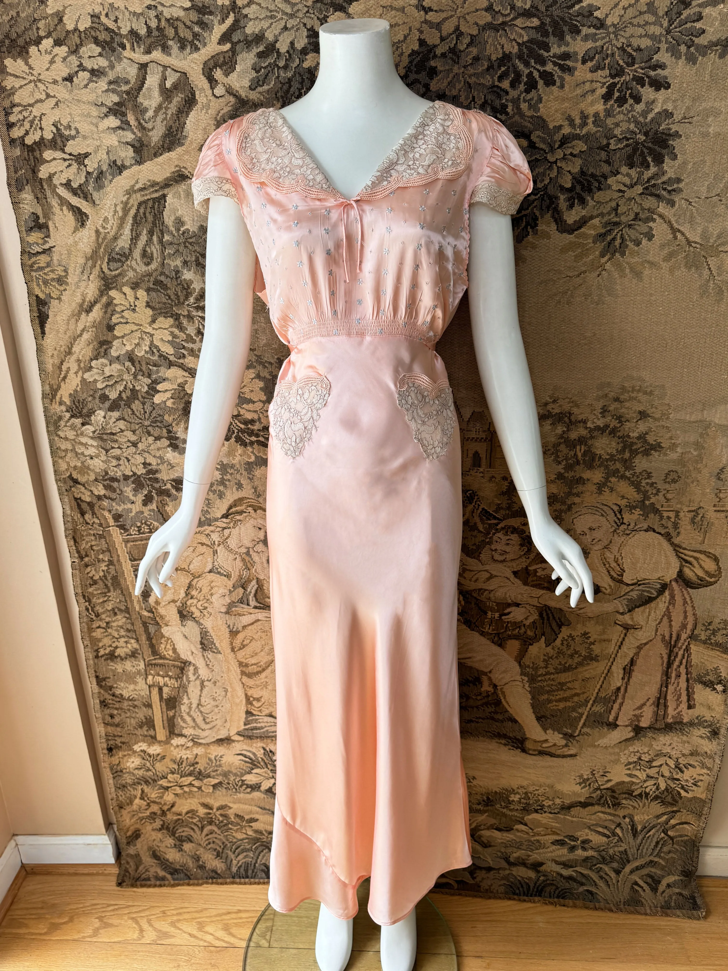 1930s Embroidered Satin Slip Dress