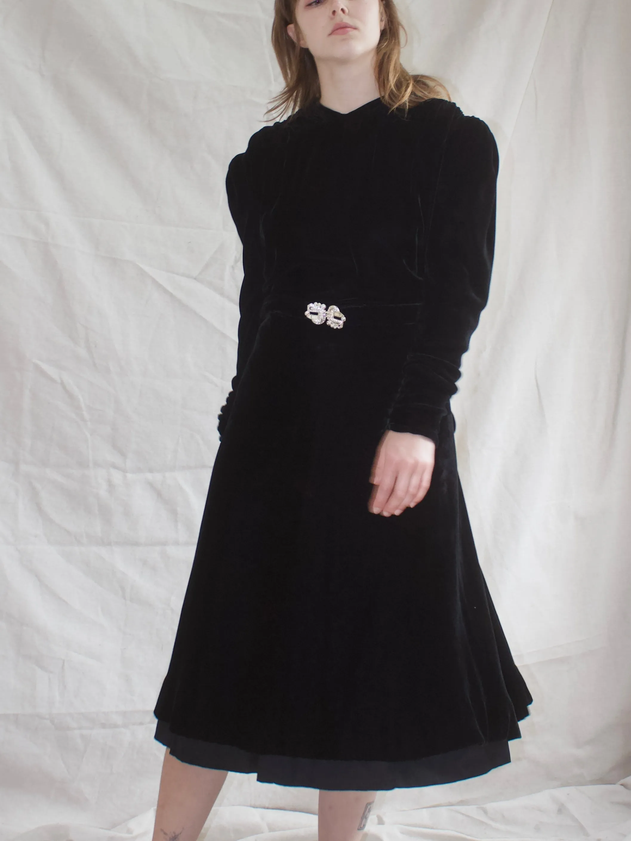 1930s Jet Black Silk Velvet Puff Sleeve Mid Length Low Back Lamé Bow Trim Dress