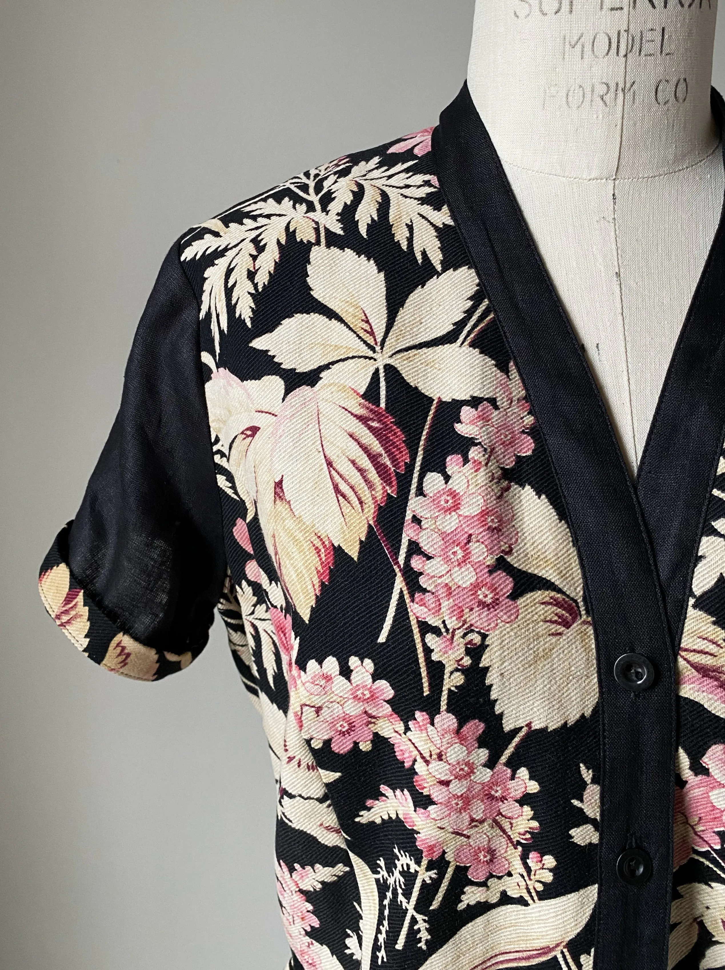 19th century faded pink floral print patched tiered dress m