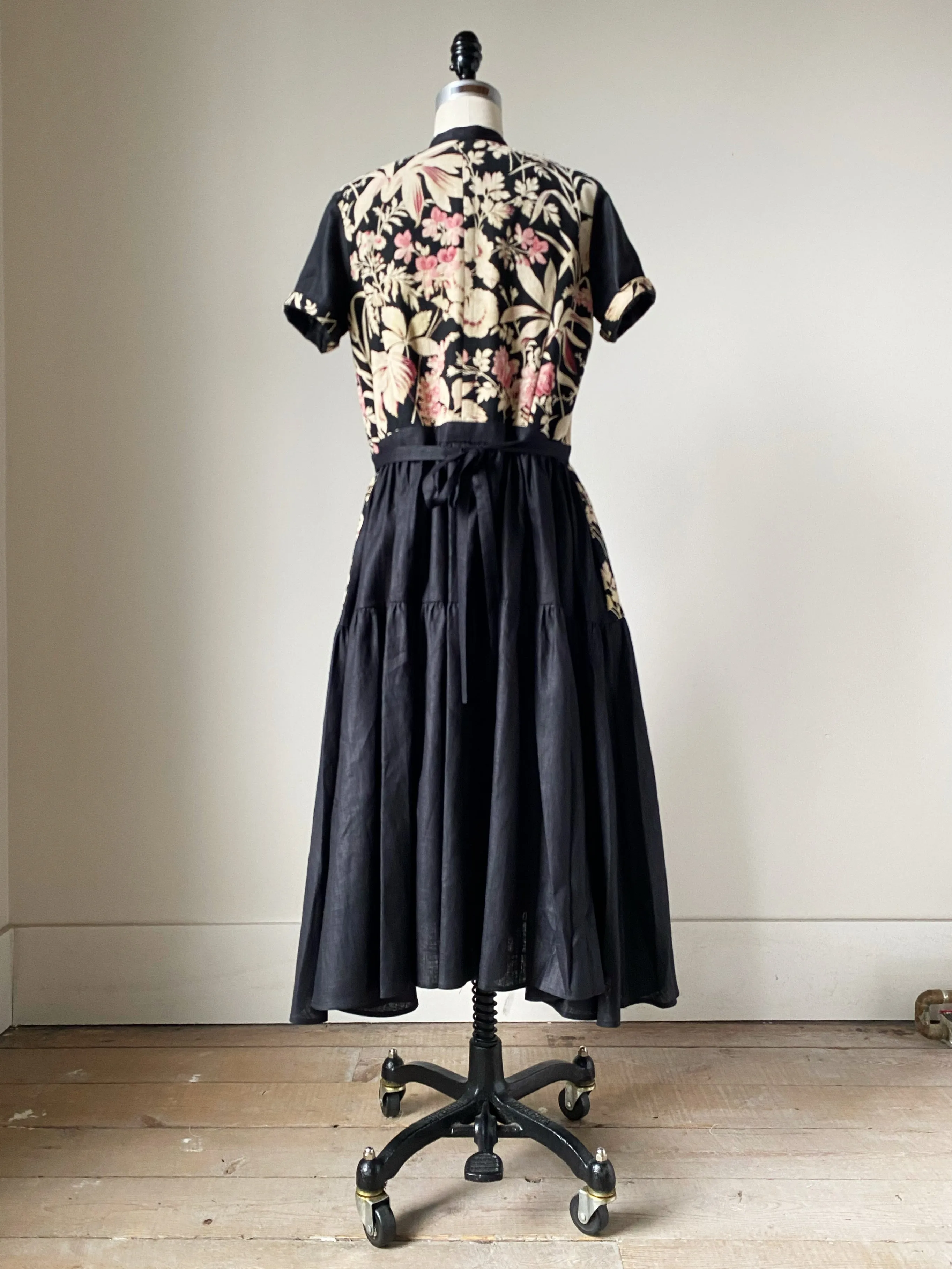 19th century faded pink floral print patched tiered dress m