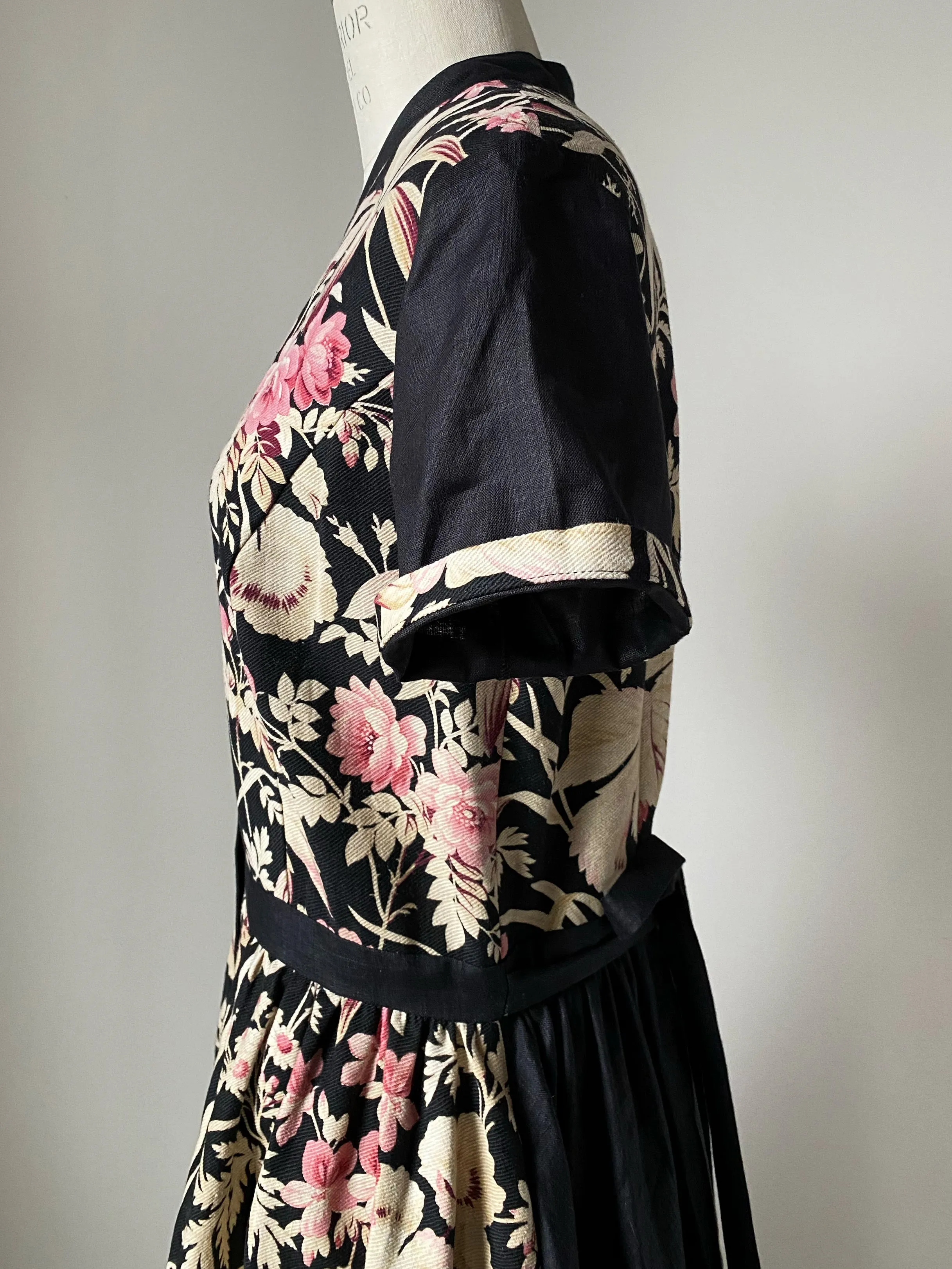 19th century faded pink floral print patched tiered dress m