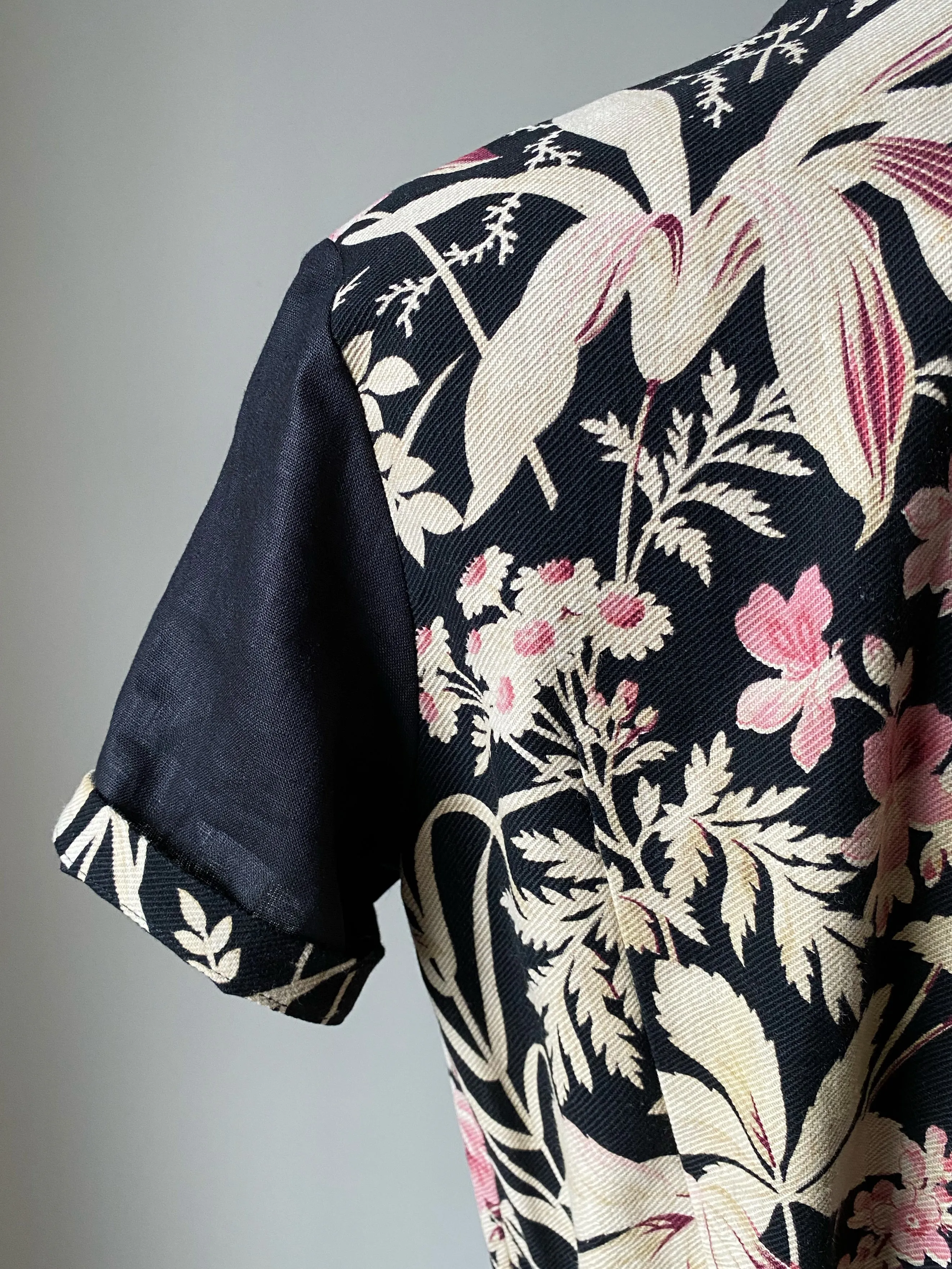 19th century faded pink floral print patched tiered dress m