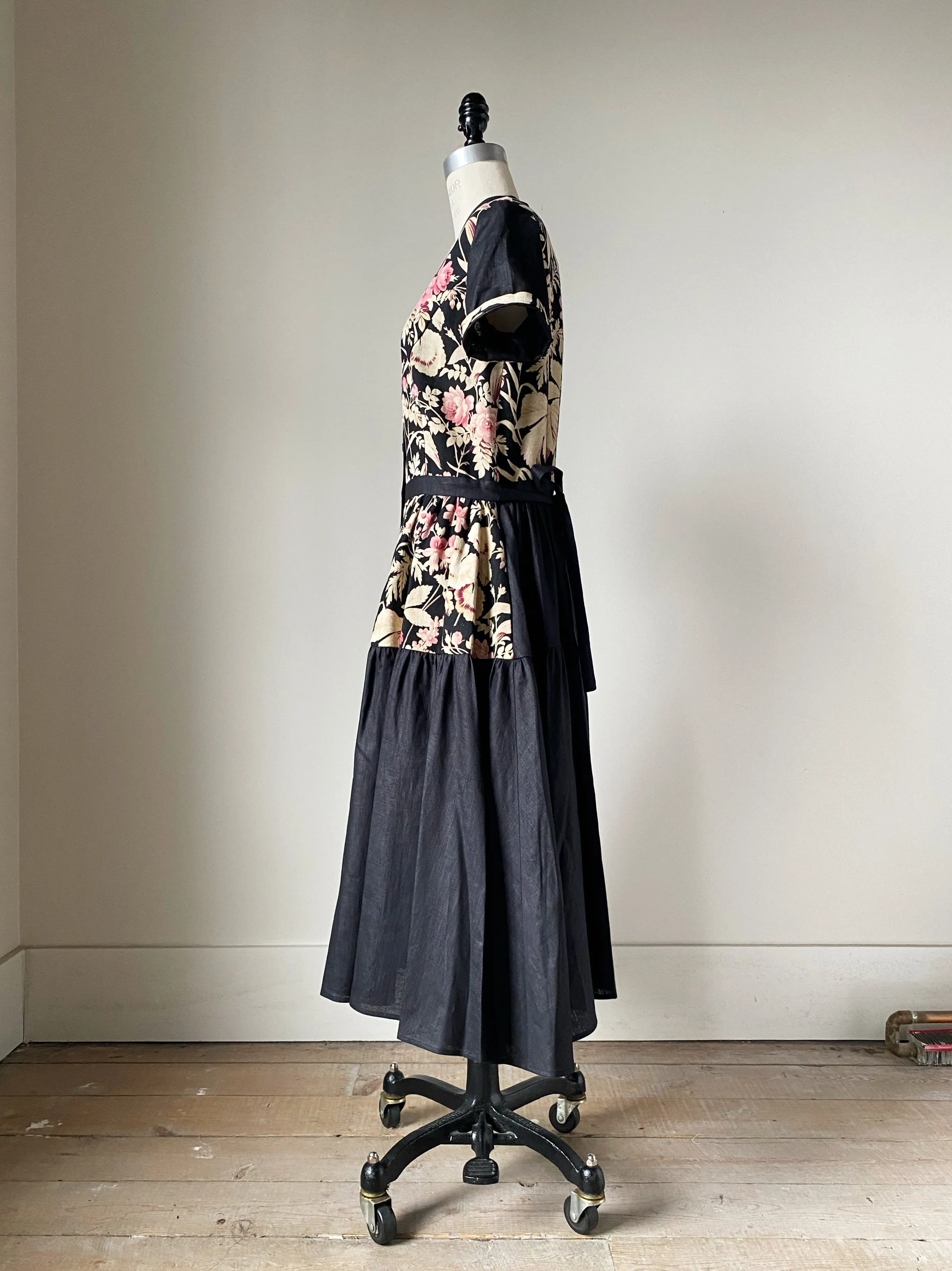 19th century faded pink floral print patched tiered dress m