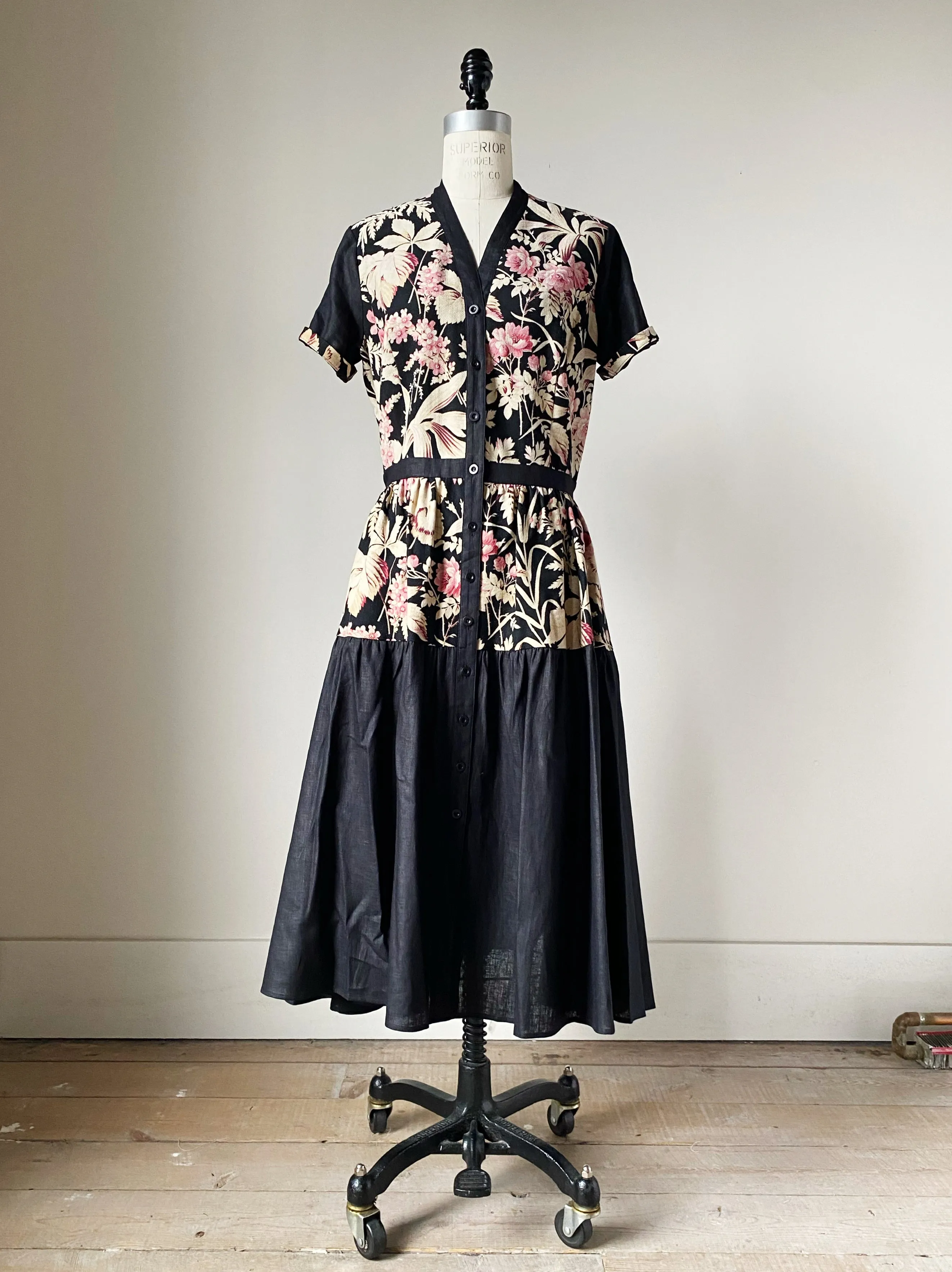 19th century faded pink floral print patched tiered dress m