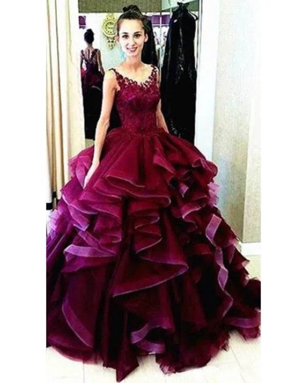 2018 Burgundy Quinceanera Dresses with Organza Ruffles Puffy Ball Gowns Sweet 16 Dress