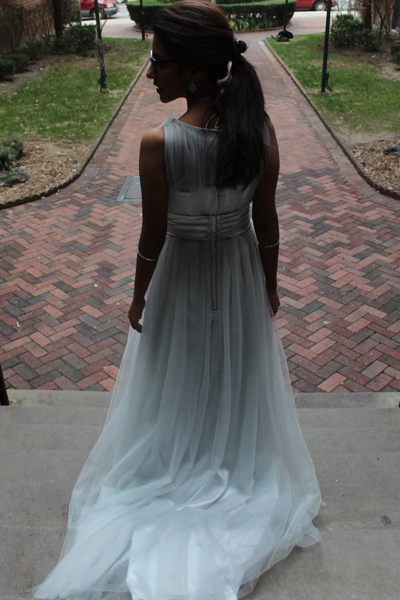 A-line Small Round Collar  Floor Length Tulle Beaded Evening Dress