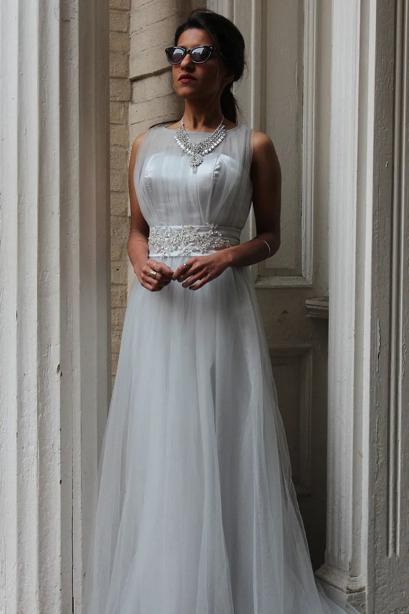 A-line Small Round Collar  Floor Length Tulle Beaded Evening Dress