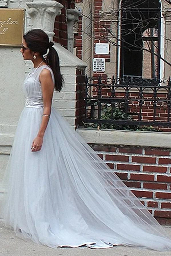 A-line Small Round Collar  Floor Length Tulle Beaded Evening Dress