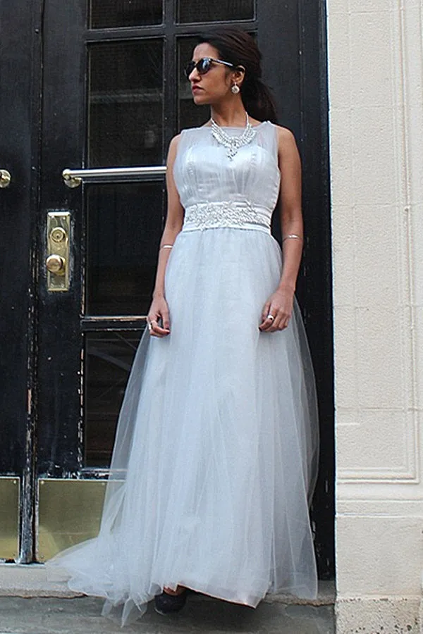A-line Small Round Collar  Floor Length Tulle Beaded Evening Dress