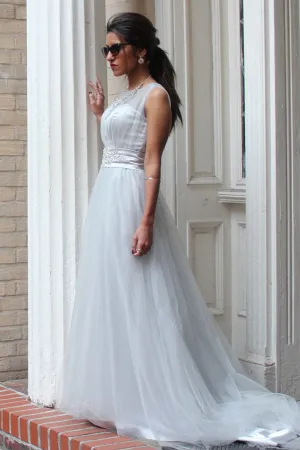 A-line Small Round Collar  Floor Length Tulle Beaded Evening Dress