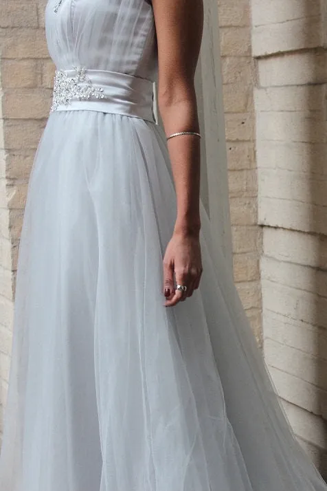 A-line Small Round Collar  Floor Length Tulle Beaded Evening Dress