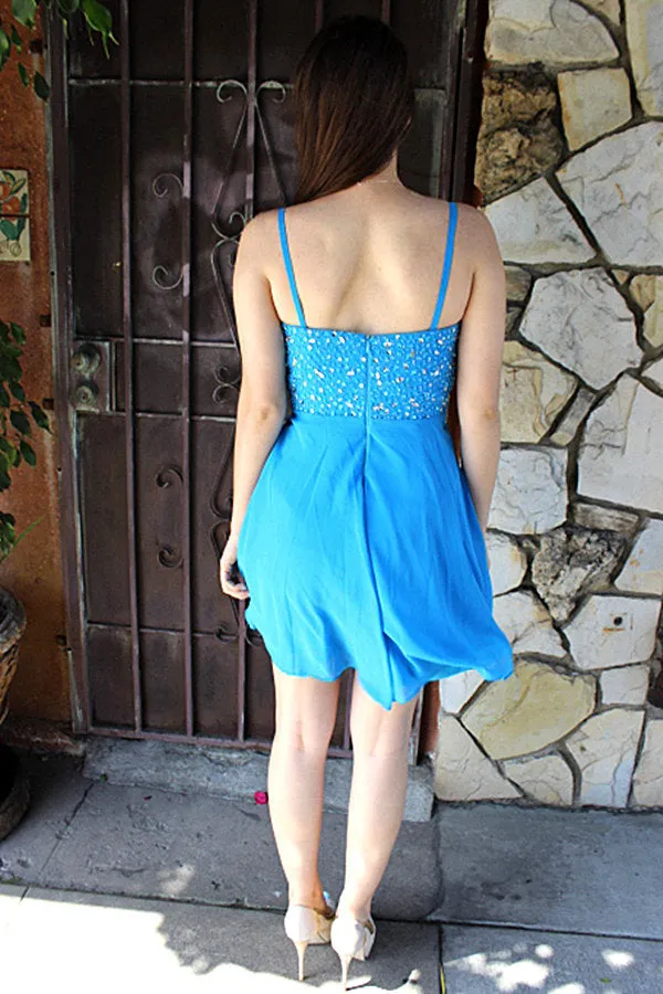 A-line Spaghetti Strap Knee Length Chiffon Rhinestone Prom Dress