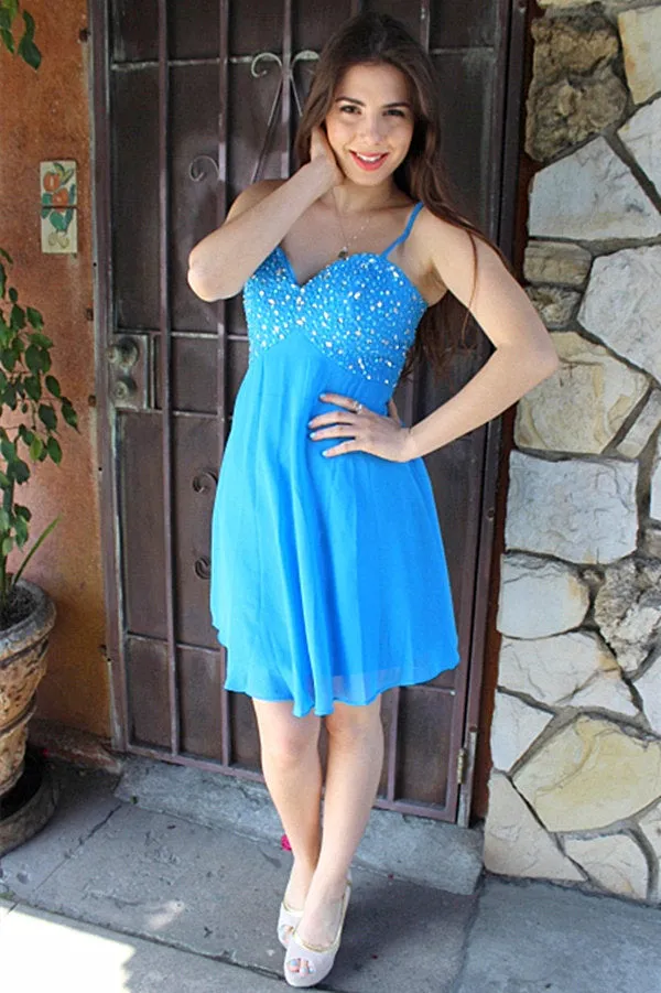 A-line Spaghetti Strap Knee Length Chiffon Rhinestone Prom Dress
