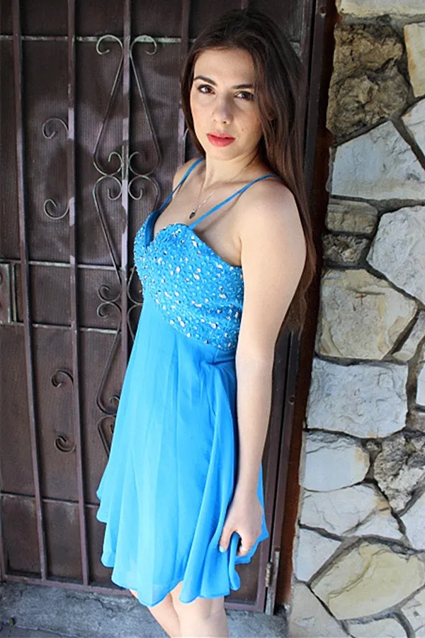 A-line Spaghetti Strap Knee Length Chiffon Rhinestone Prom Dress