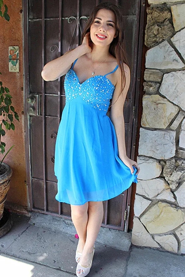 A-line Spaghetti Strap Knee Length Chiffon Rhinestone Prom Dress