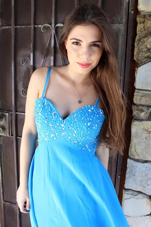 A-line Spaghetti Strap Knee Length Chiffon Rhinestone Prom Dress