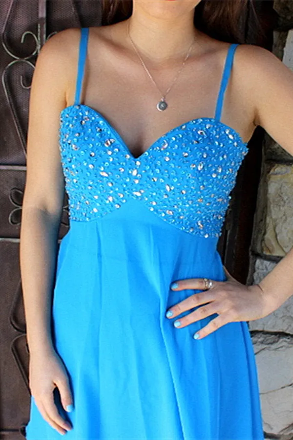 A-line Spaghetti Strap Knee Length Chiffon Rhinestone Prom Dress