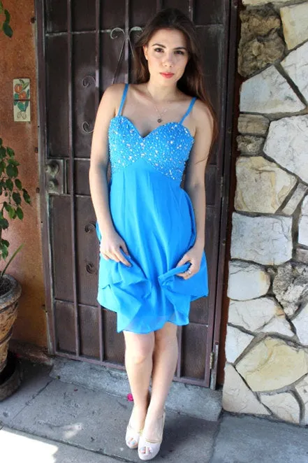 A-line Spaghetti Strap Knee Length Chiffon Rhinestone Prom Dress