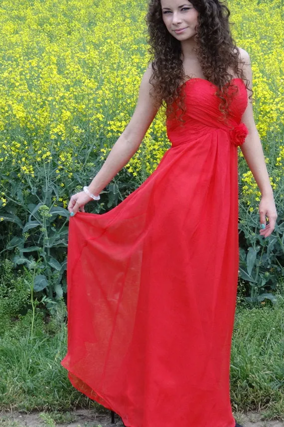 A-line Sweetheart Floor Length Chiffon Handmade Flower Prom Dress