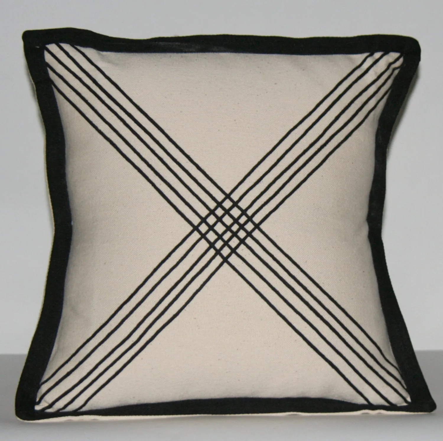 African Tribal Pillow Ivory Black Applique Crossing Paths 16" X 16.5"