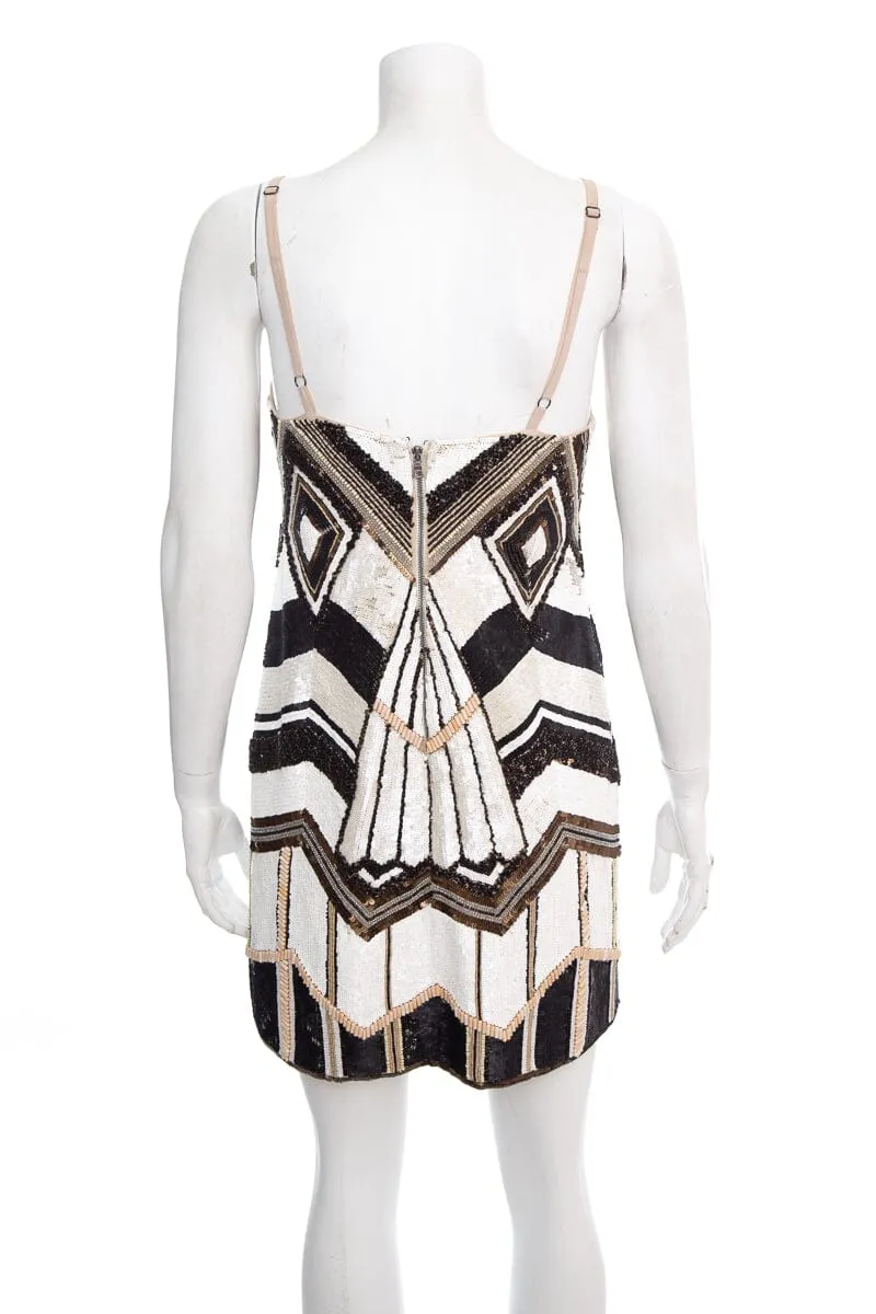 Alice   Olivia Brown and White Sequin and Beaded Sleeveless Dress SZ S