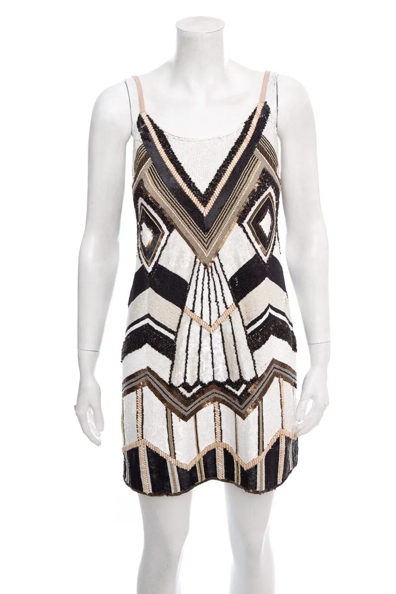 Alice   Olivia Brown and White Sequin and Beaded Sleeveless Dress SZ S
