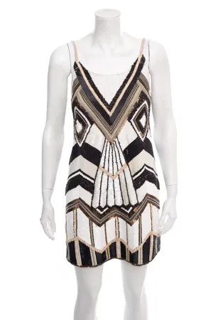 Alice   Olivia Brown and White Sequin and Beaded Sleeveless Dress SZ S