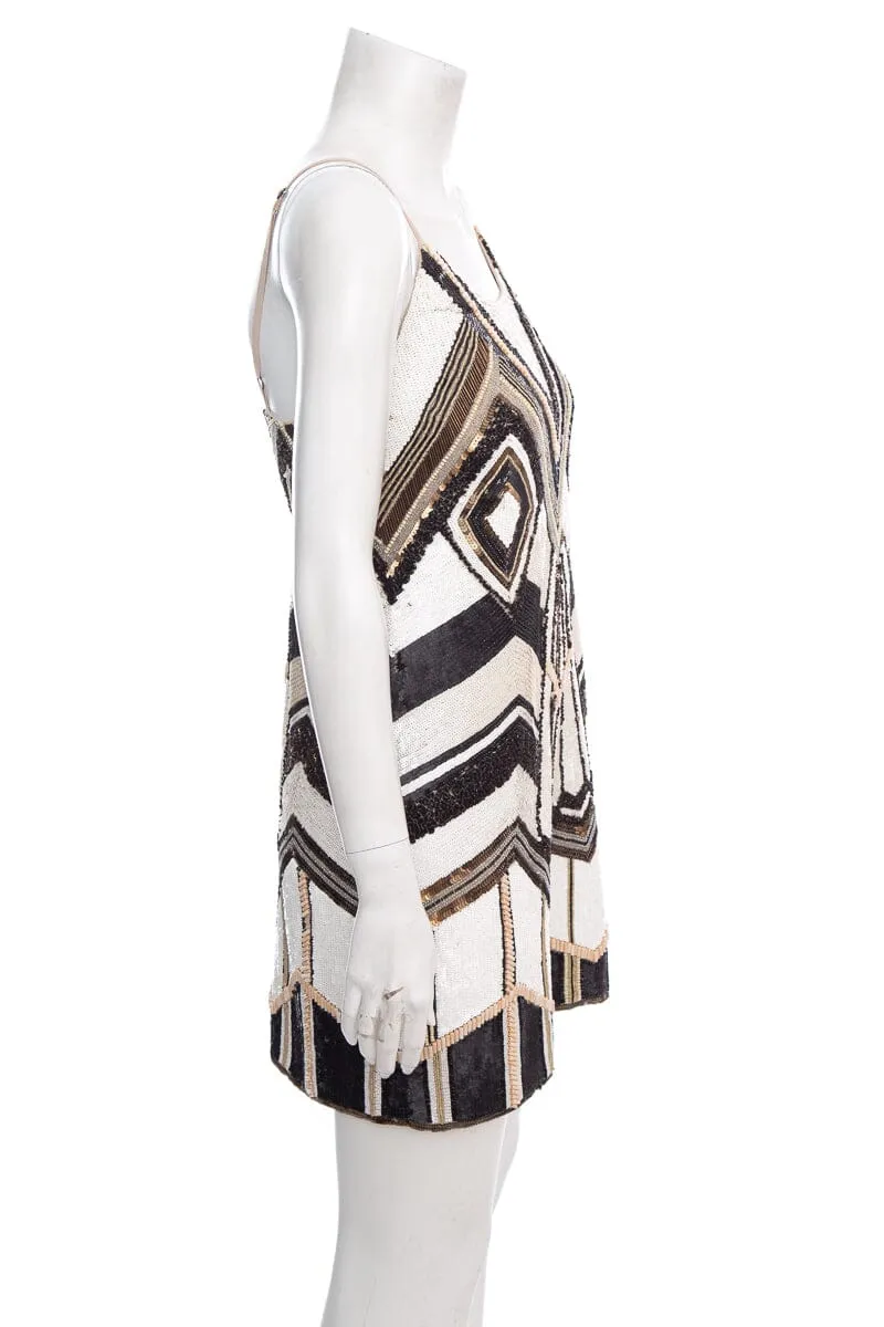 Alice   Olivia Brown and White Sequin and Beaded Sleeveless Dress SZ S
