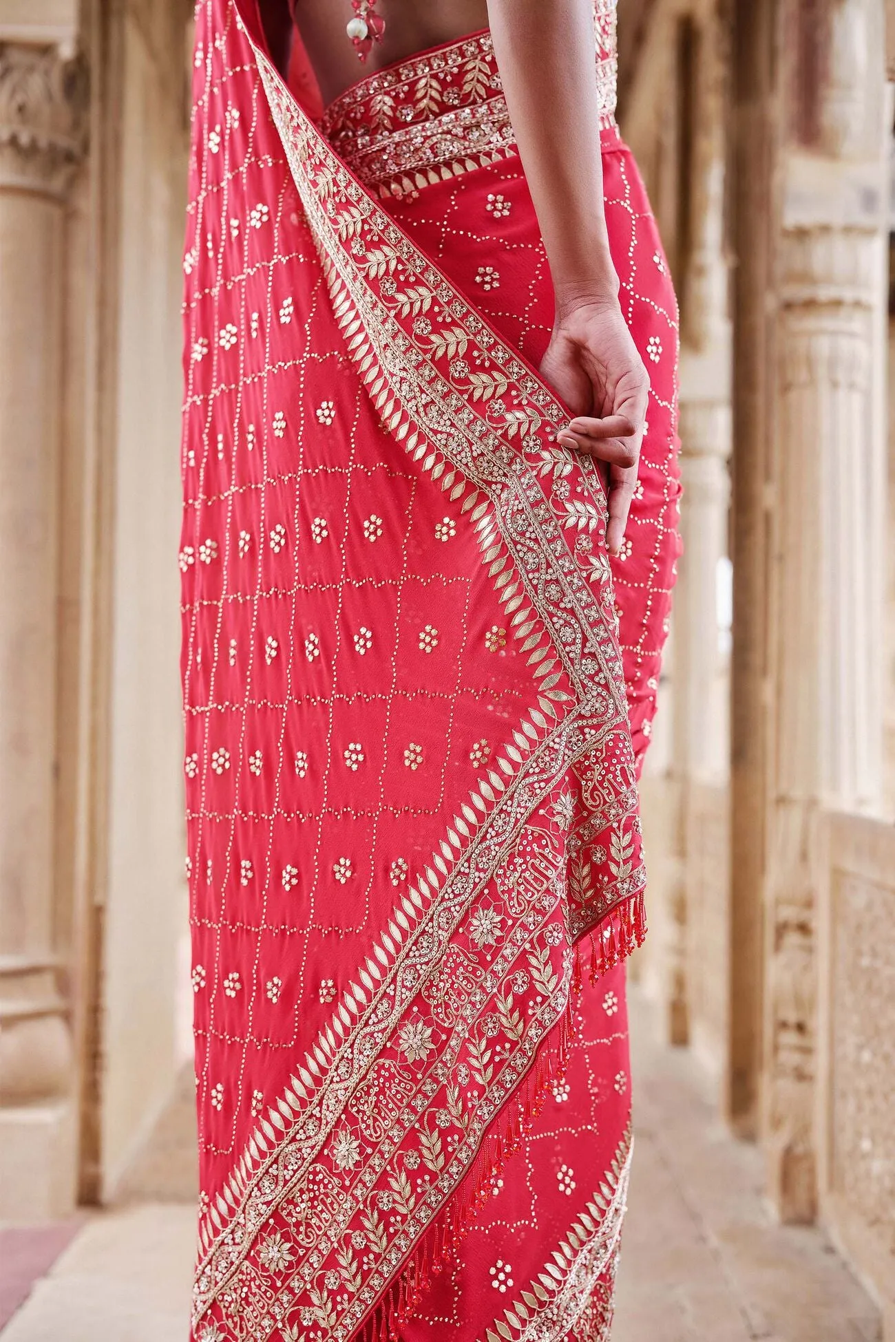 Anushna Handcrafted Badla Georgette Saree - Red