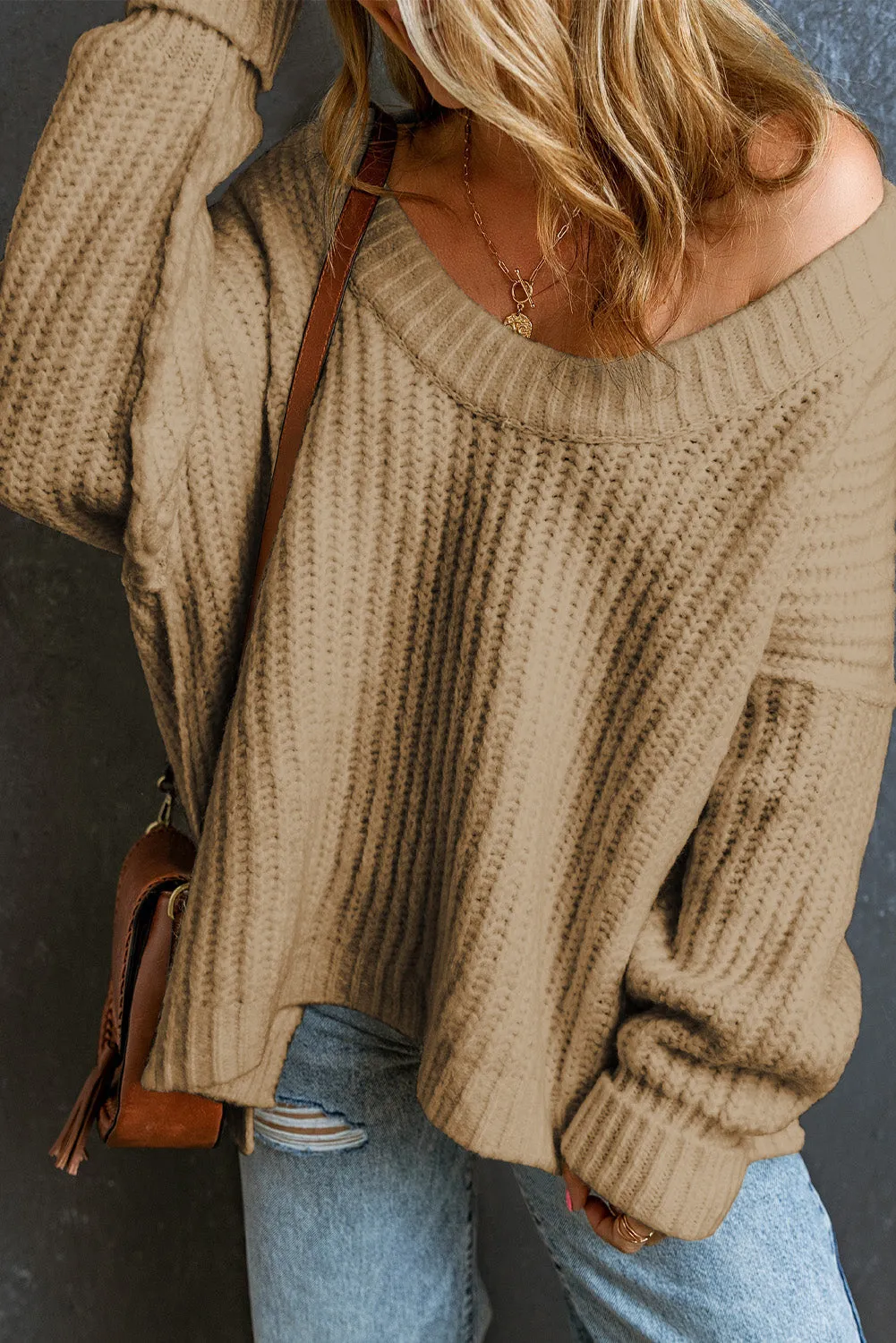 Apricot khaki White Ribbed Knit Round Neck Slouchy Chunky Sweater