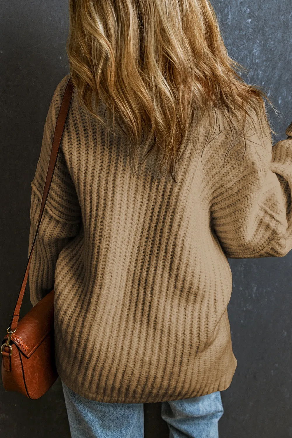 Apricot khaki White Ribbed Knit Round Neck Slouchy Chunky Sweater