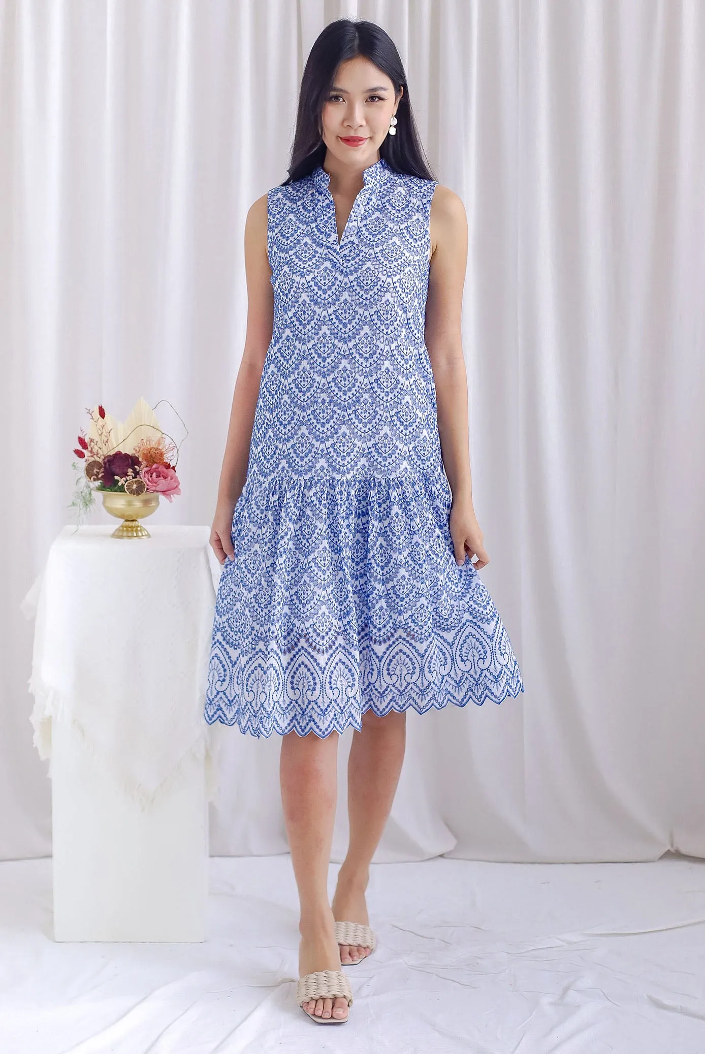 Arrie Embro Oriental Collar Tiered Dress In Blue