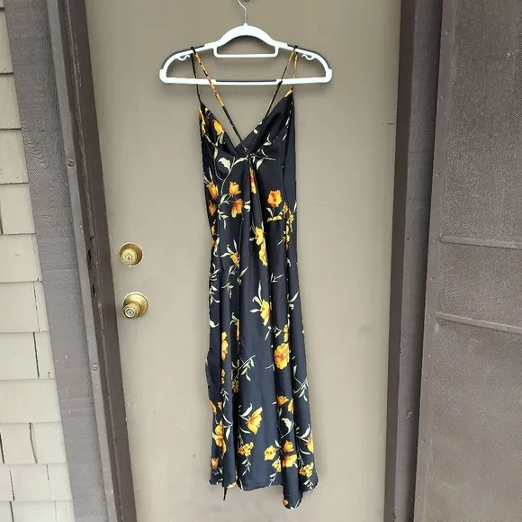 Astr the Label Gaia Floral Black Yellow Poppy Print Midi Slip Dress with Slit