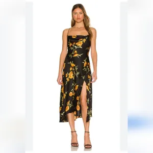 Astr the Label Gaia Floral Black Yellow Poppy Print Midi Slip Dress with Slit