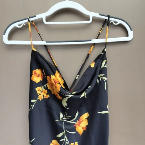 Astr the Label Gaia Floral Black Yellow Poppy Print Midi Slip Dress with Slit