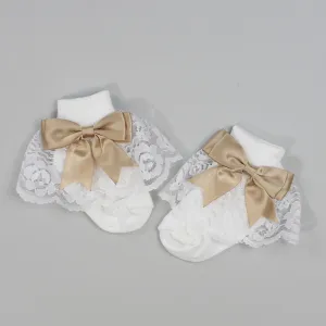 Baby Girls Ankle Socks | White & Camel Bow