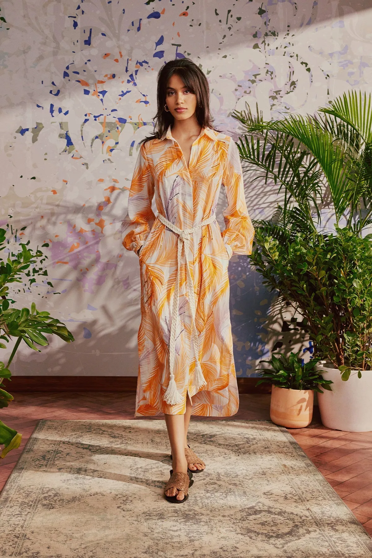 Beaded Shirt Dress in Lilac and Orange Palm