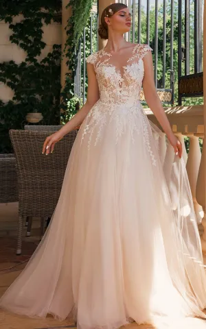 Beautiful A Line Bateau Neck Tulle Sweep Train Wedding Dress with Appliques-716377