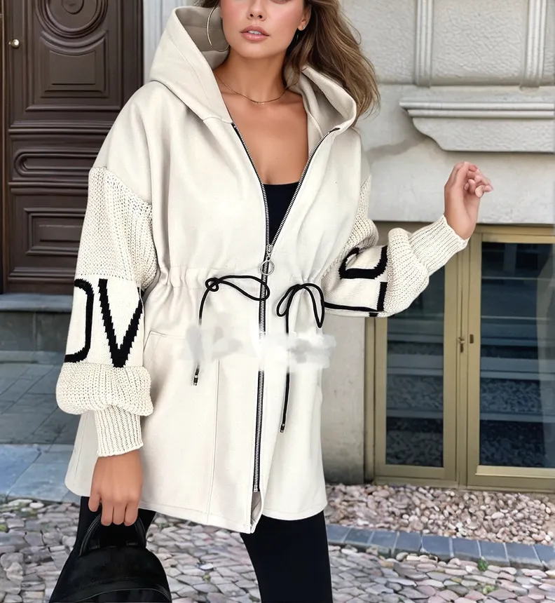 Beige Love Knit Sleeves Zipper Drawstring Coat