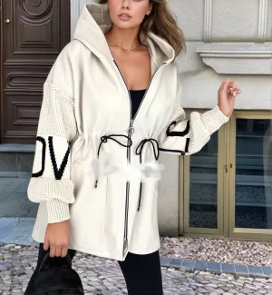 Beige Love Knit Sleeves Zipper Drawstring Coat