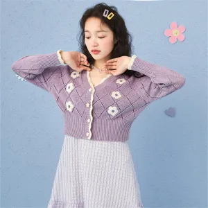 BEIGE/PURPLE CUTE FLORAL PRINT KNITTED CARDIGAN UB2715