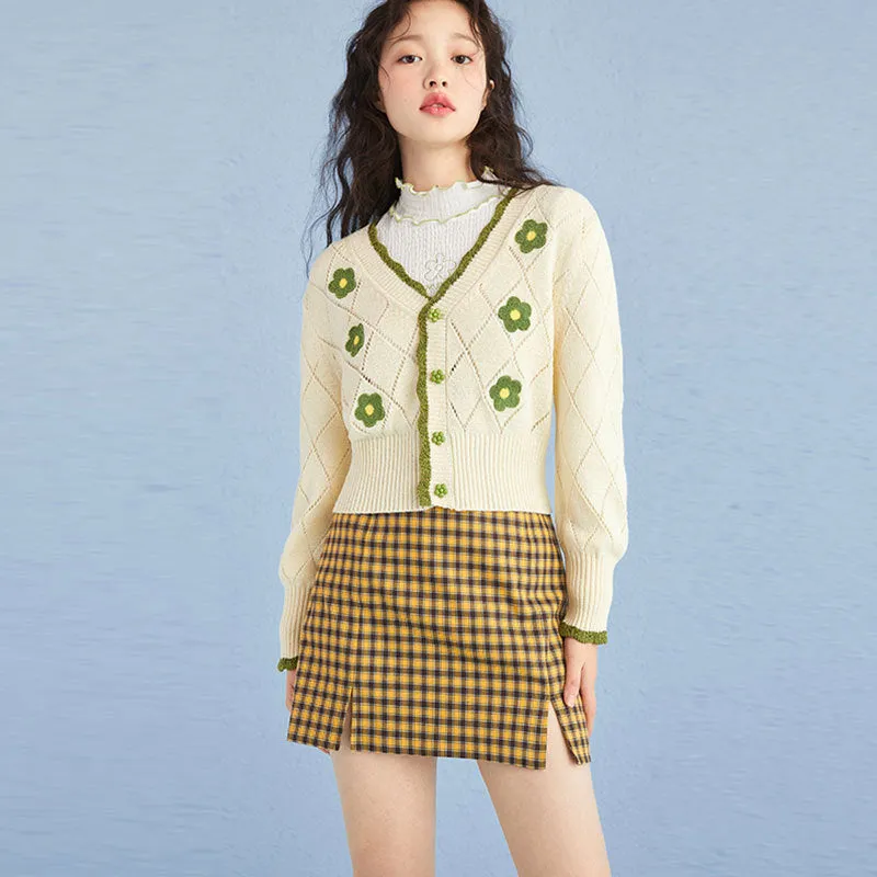 BEIGE/PURPLE CUTE FLORAL PRINT KNITTED CARDIGAN UB2715