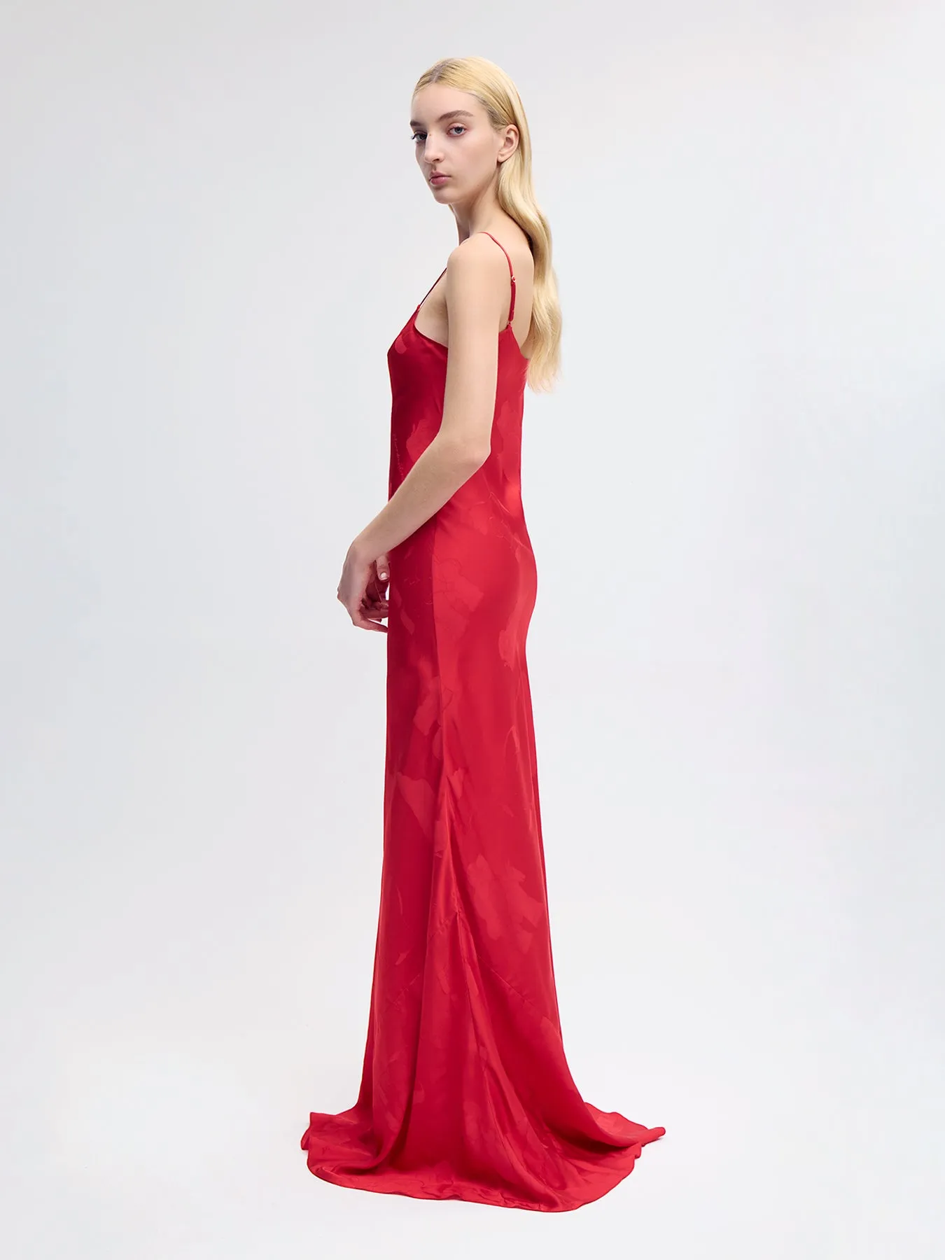 Bias Silk Slip Gown in Red Jacquard