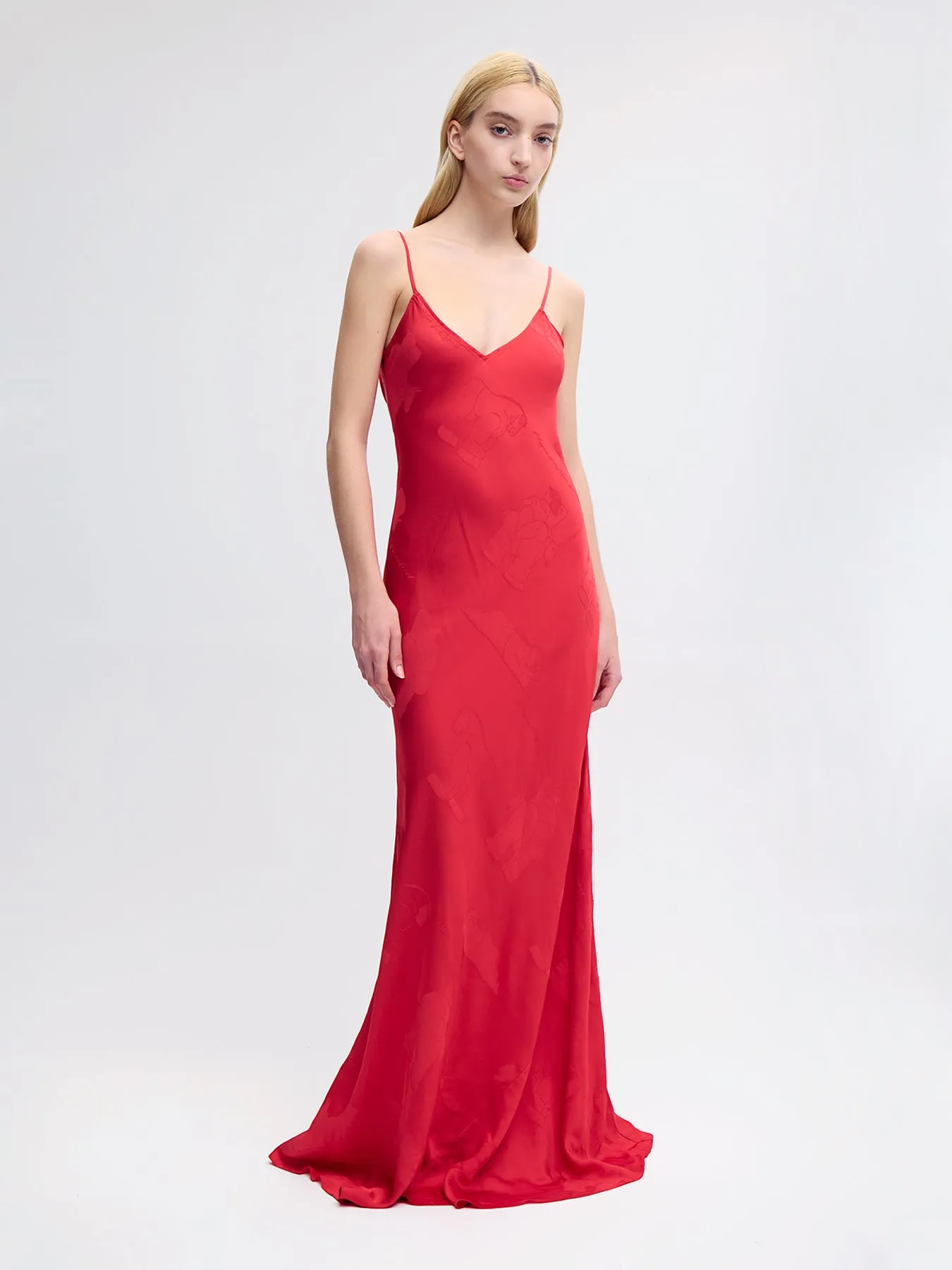 Bias Silk Slip Gown in Red Jacquard