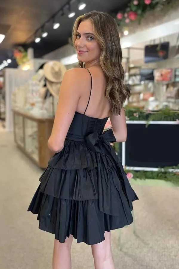Black Satin A-line Spaghetti Straps Tiered Homecoming Dresses With Bow, MH641