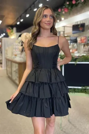 Black Satin A-line Spaghetti Straps Tiered Homecoming Dresses With Bow, MH641