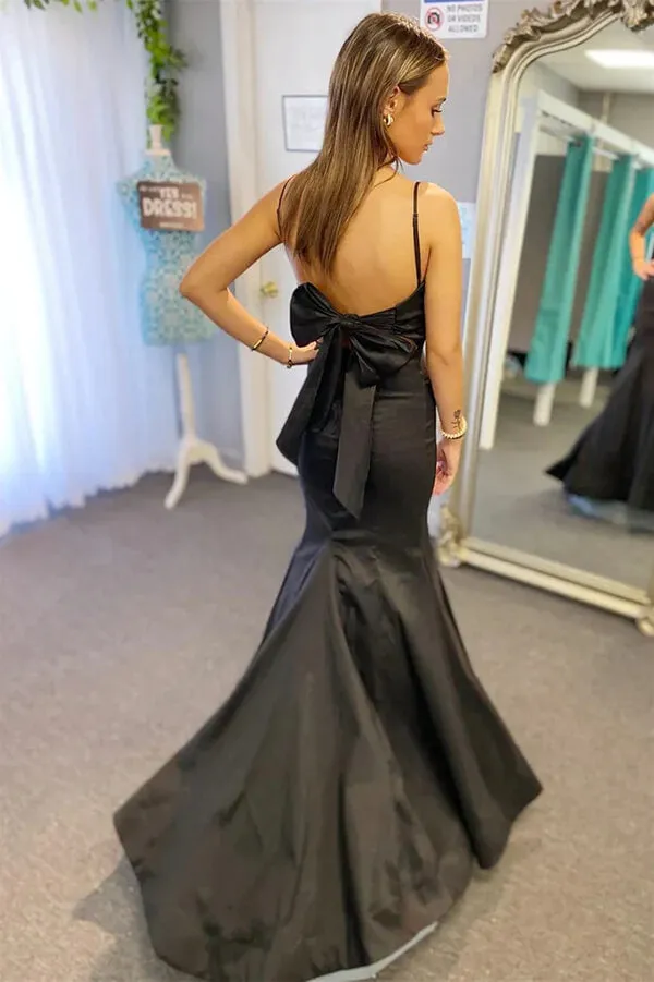 Black Satin Mermaid Pleated Spaghetti Straps Prom Dresses With Bow, MP836